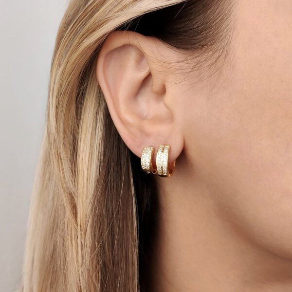 Brinco Argola Duo, Grossa com duas Fileiras de Zircônia, Banhado á Ouro