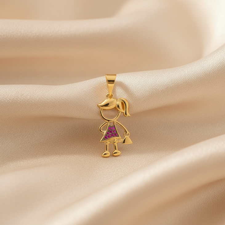 Pingente Menina, Vestido Cravejado com Zircônias Pink e Detalhes em Ródio Negro, Banhado a Ouro