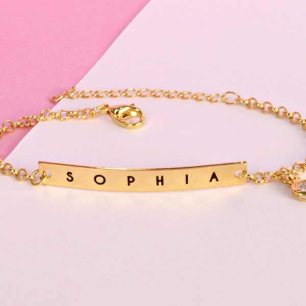 Pulseira Adulta, Personalizada com Nome e Pingente de Strass, Banhado a Ouro