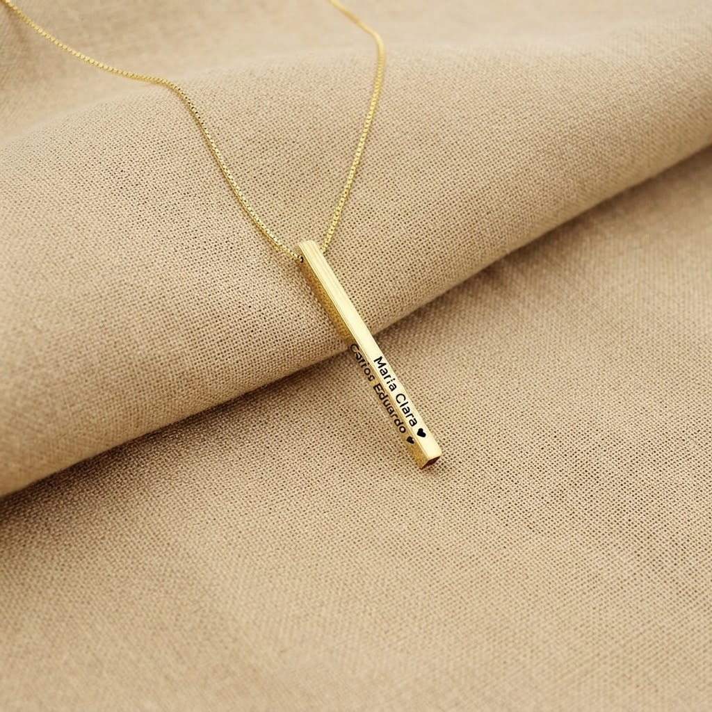 Colar Barra 3D Personalizado com Nome, Banhado a Ouro/Prata