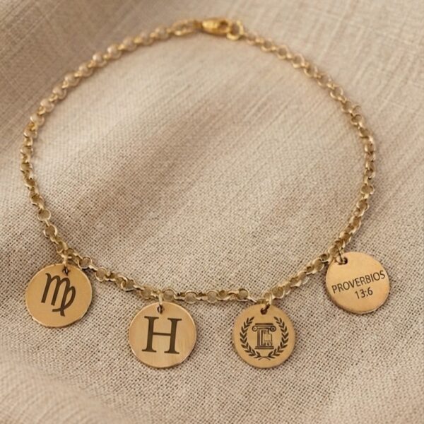 Pulseira Adulta, Personalizada com Pingentes Redondos, Banhado a Ouro