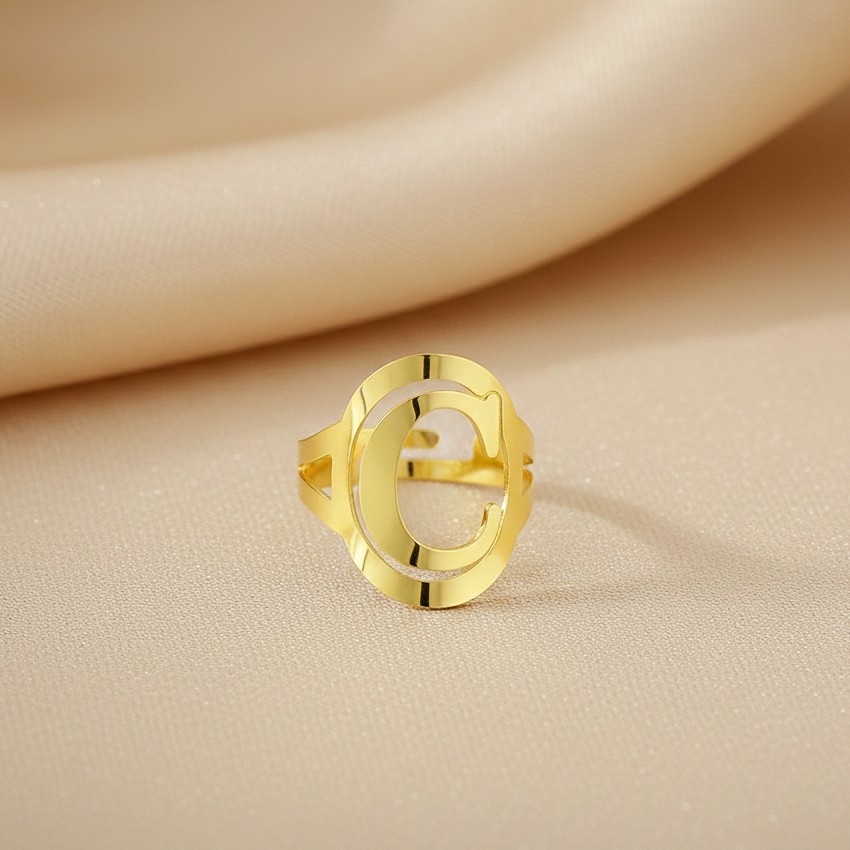 Anel de Letra Inicial, Regulável, Banhado a Ouro 18k