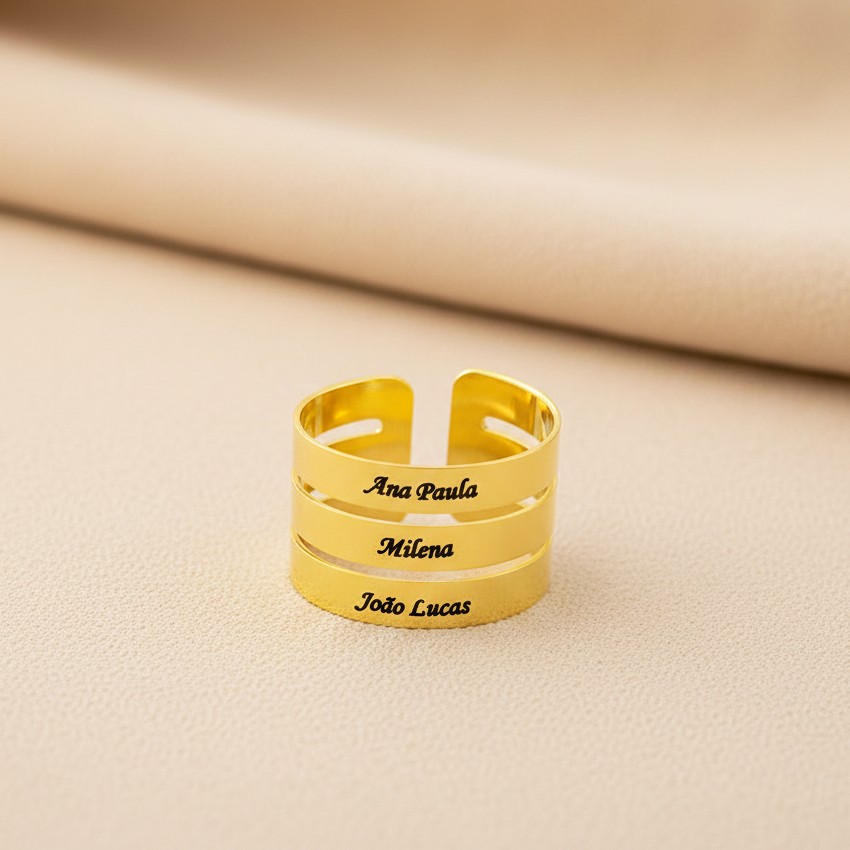 Anel Duplo/Triplo Personalizado com Gravação, Banhado a Ouro