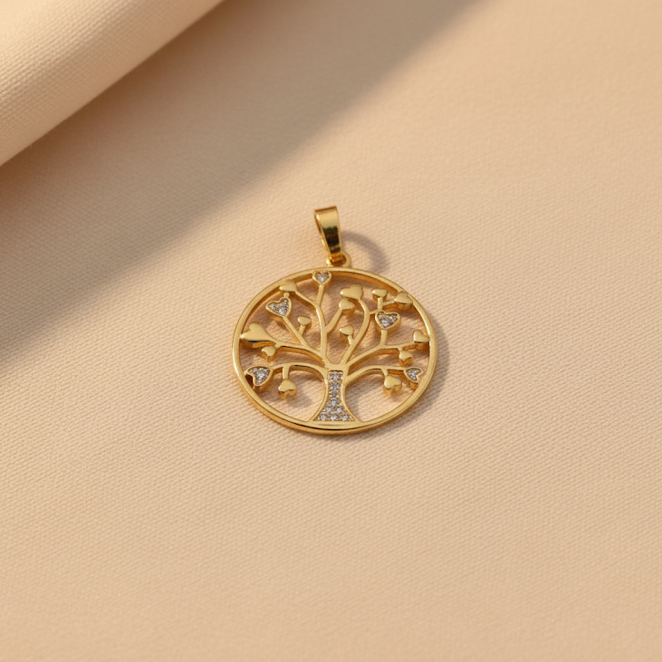 Pingente Mandala Árvore, Cravejado em Zircônias, Banhado a Ouro