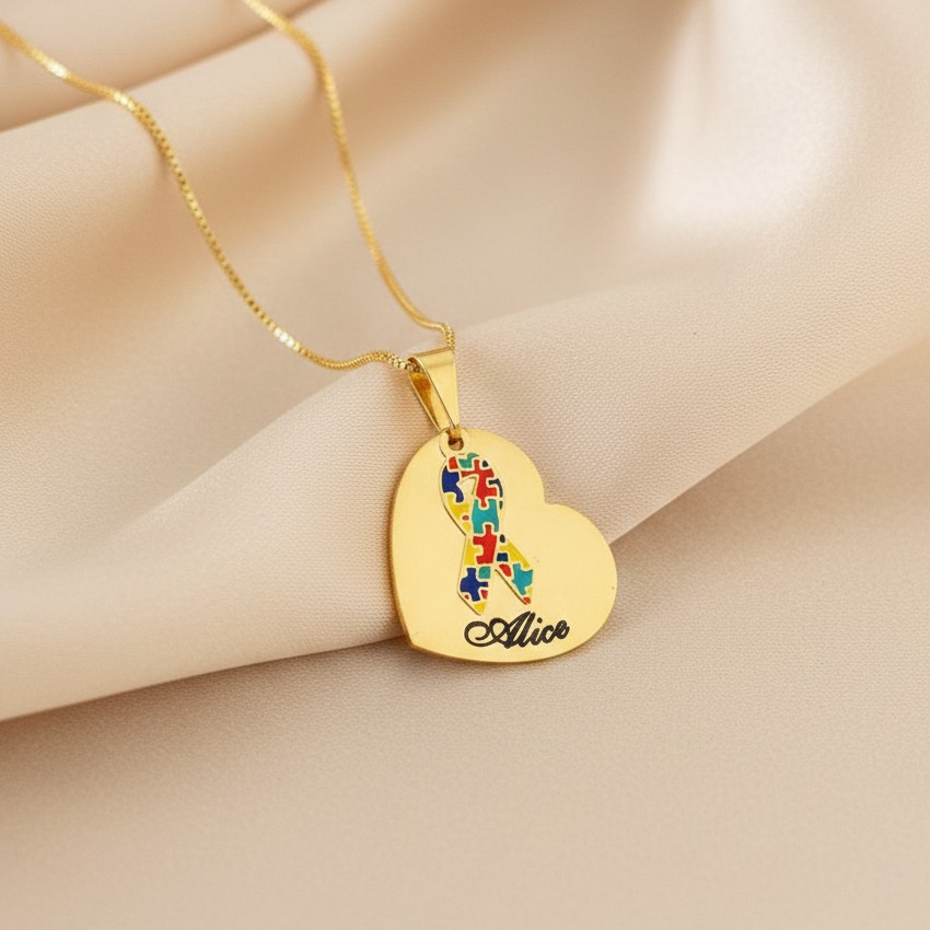 Colar de Coração Deitado, Pingente Autismo, Banhado a ouro 18k
