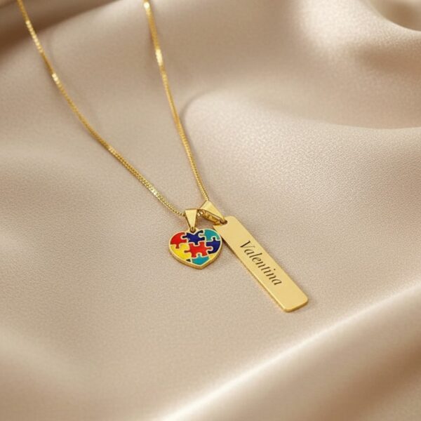 Colar Autismo, Coração + Plaquinha Personalizado com Nome, Banhado