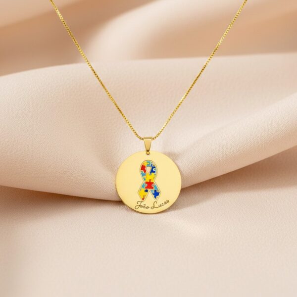 Colar Redondo Simbolo do Autismo, Personalizado com Nome