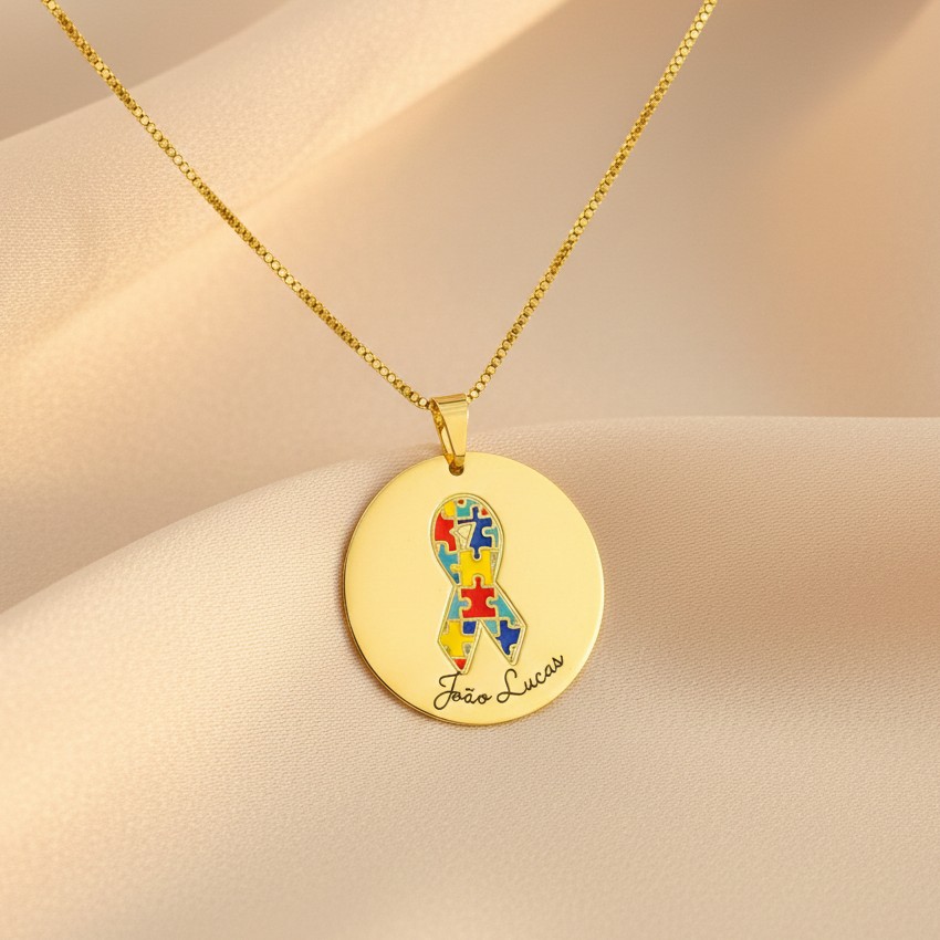 Colar Redondo Simbolo do Autismo, Personalizado com Nome