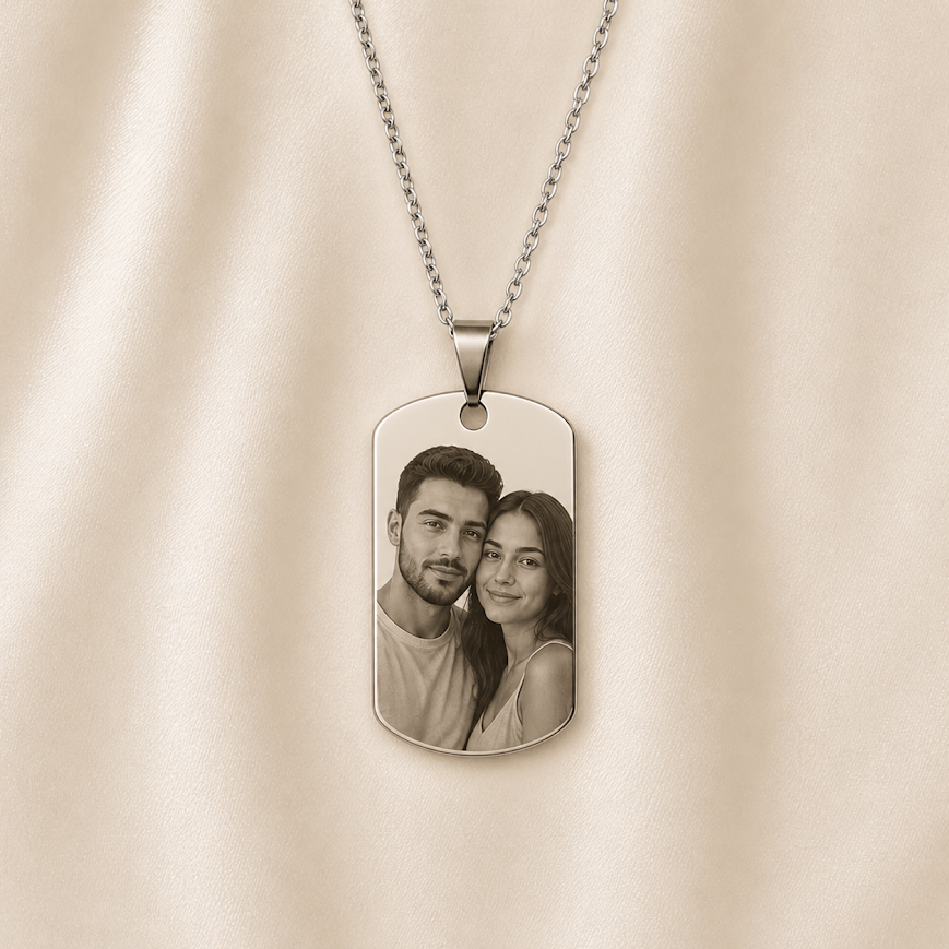 Colar Placa Inox, Personalizado com Fotogravação, Aço Inox