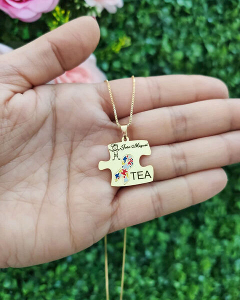 Colar Autismo, Quebra-Cabeça Personalizado com Nome, Banhado