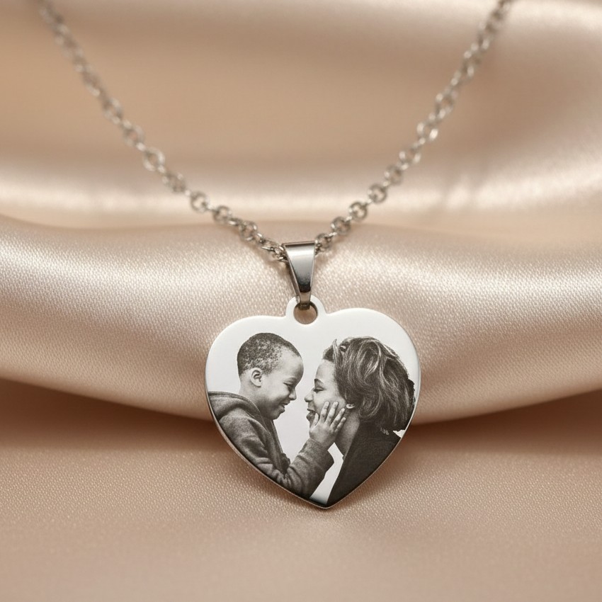 Colar de Coração, Personalizado com Fotogravação, Aço inox