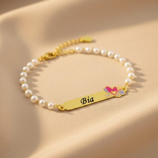 Pulseira Infantil de Pérola, Borboleta com Resina, Banhado
