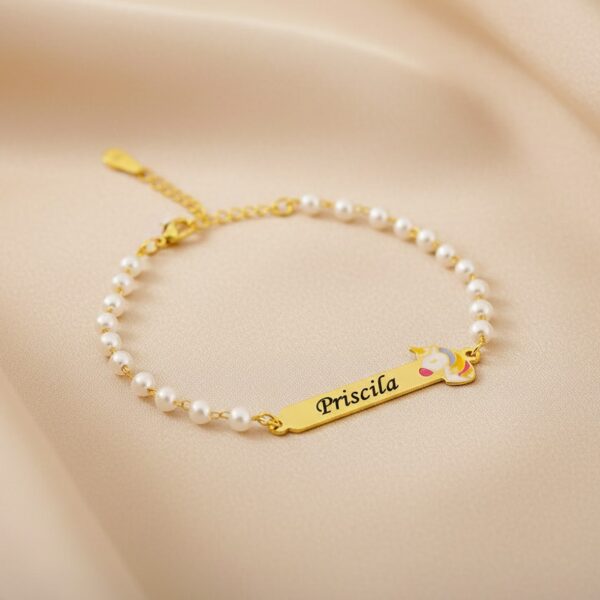 Pulseira Infantil de Pérola, Unicórnio com Resina, Banhado