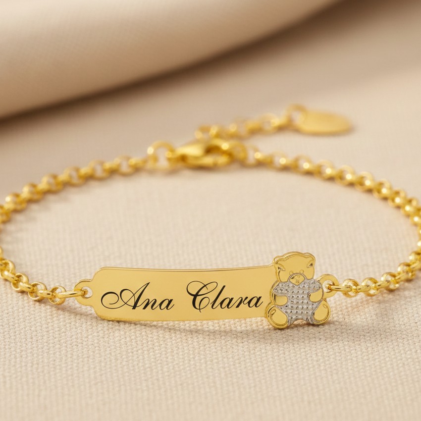 Pulseira Infantil, Urso com Nome, Personalizado, Banhado a Ouro