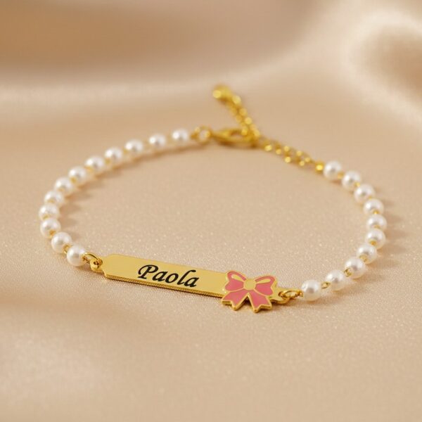 Pulseira Infantil de Pérola, Laço com Resina, Banhado