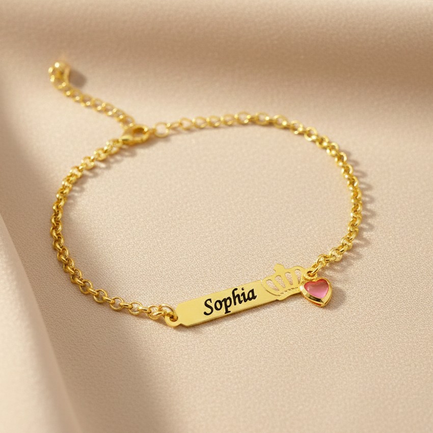 Pulseira Infantil, Coroa com Nome Personalizado, Banhado - Imagem 9