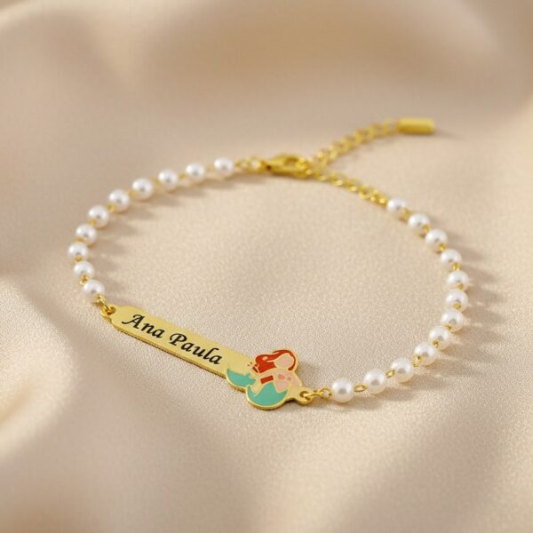 Pulseira Infantil de Pérola, Sereia com Resina, Banhado