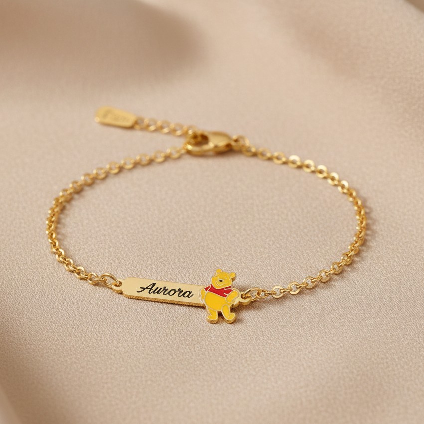 Pulseira Infantil, Ursinho Pooh, Banhado a Ouro