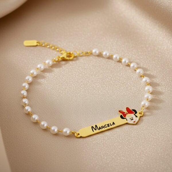 Pulseira Infantil de Pérola, Minnie com Resina, Banhado