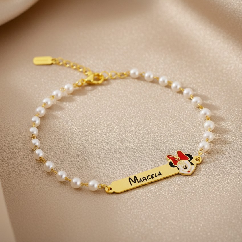 Pulseira Infantil de Pérola, Minnie com Resina, Banhado