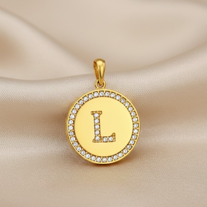 Pingente Medalha, Letra Inicial de Cristal, Banhado a Ouro