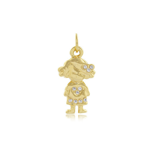 Pingente-de-Menina-Filha-com-Zirc-nias-Folheado-a-Ouro-18k-3 Pingente Menina, Com Vestido Cravejado de Zircônias, Banhado a Ouro