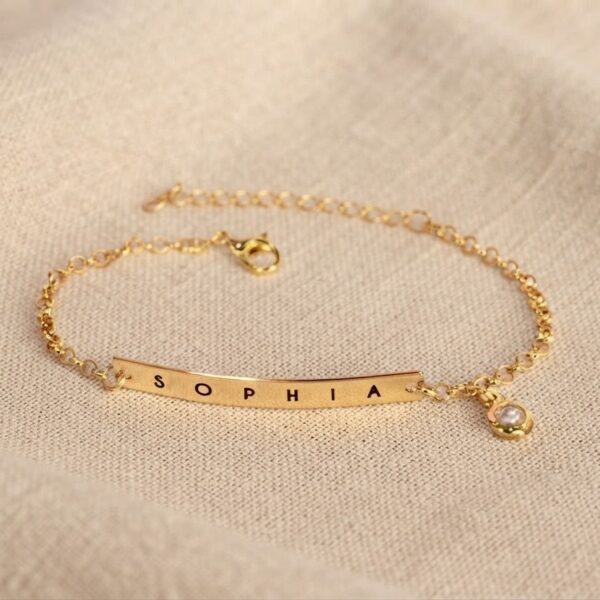 Pulseira Adulta, Personalizada com Nome e Pingente de Strass, Banhado a Ouro