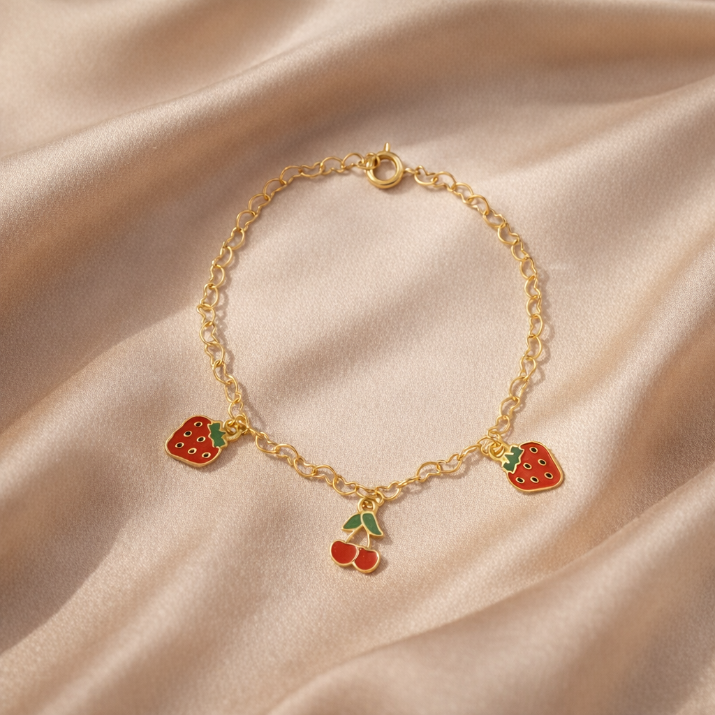 Pulseira Infantil Fruta com Pingentes, Banhado a Ouro