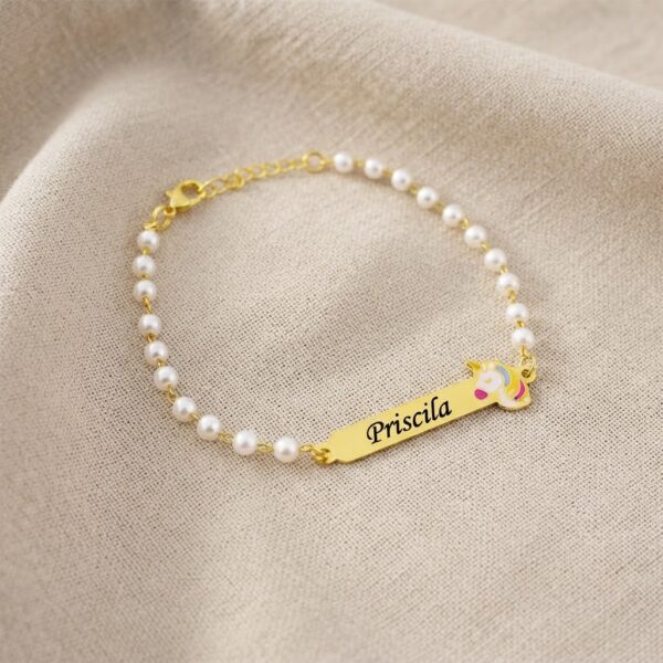 Pulseira Infantil de Pérola, Unicórnio com Resina, Banhado