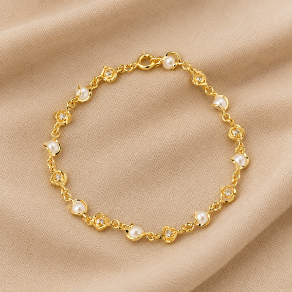 Pulseira perolas Pulseira Pérola, com Bolinhas Douradas, Banhado a Ouro