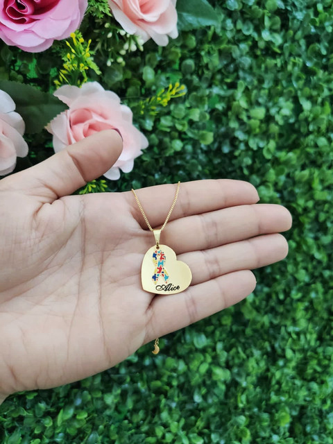 Colar de Coração Deitado, Pingente Autismo, Banhado a ouro 18k