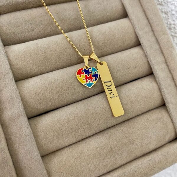Colar Autismo, Coração + Plaquinha Personalizado com Nome, Banhado