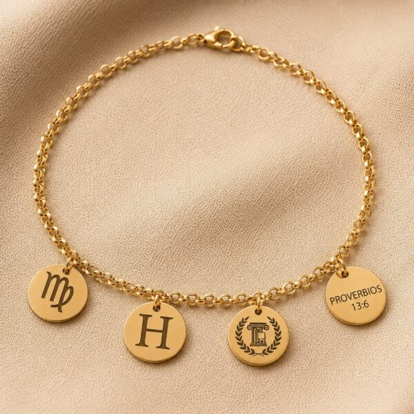 Pulseira Adulta, Personalizada com Pingentes Redondos, Banhado a Ouro