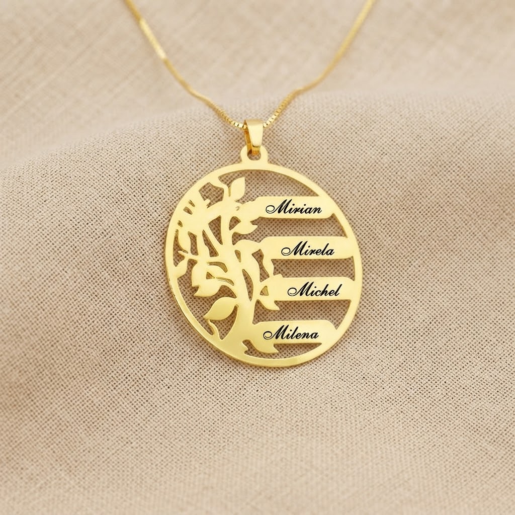 Colar Medalha Árvore da Vida, com Nomes Gravados, Banhado