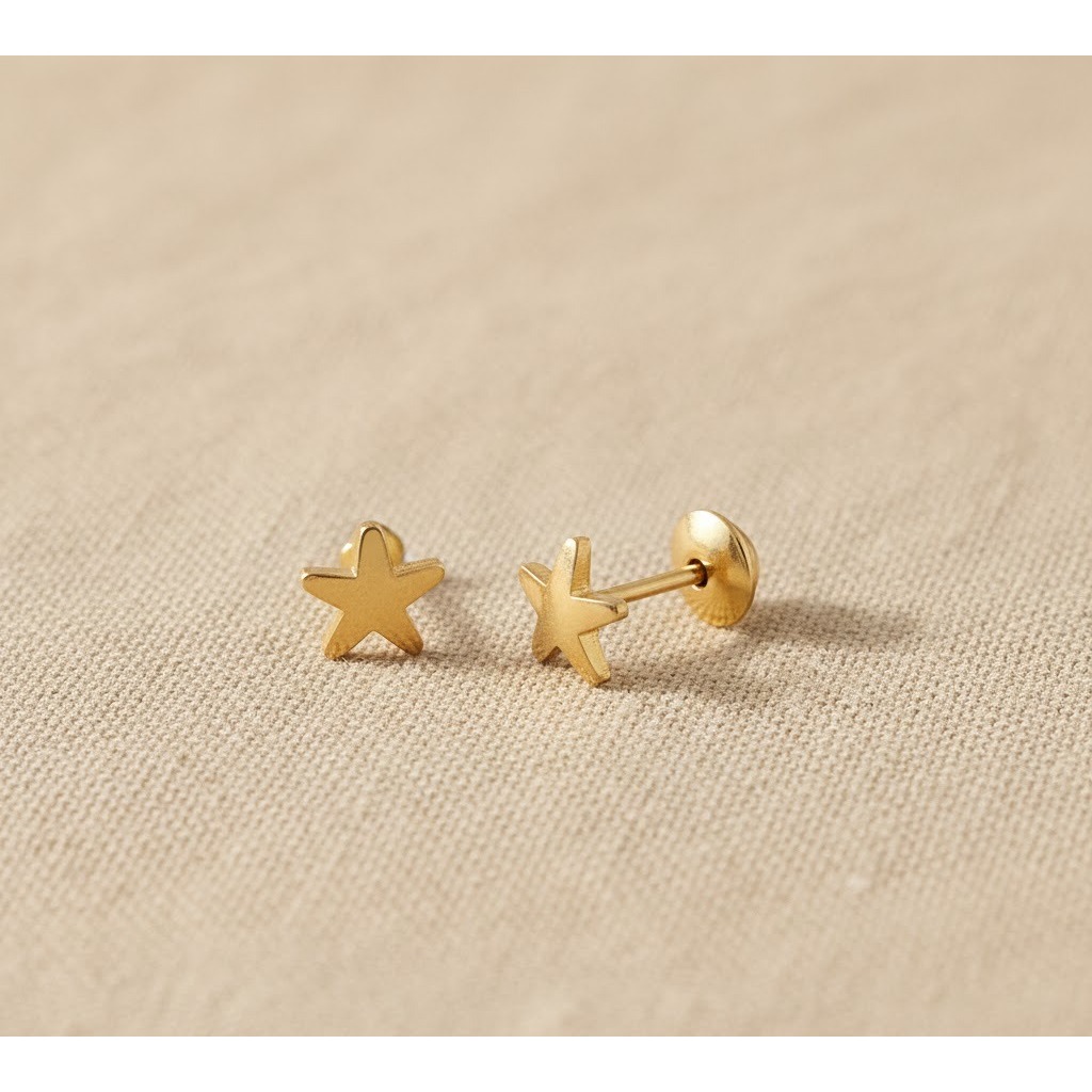 Brinco Infantil Estrela, com Tarraxa Baby, Banhado a Ouro