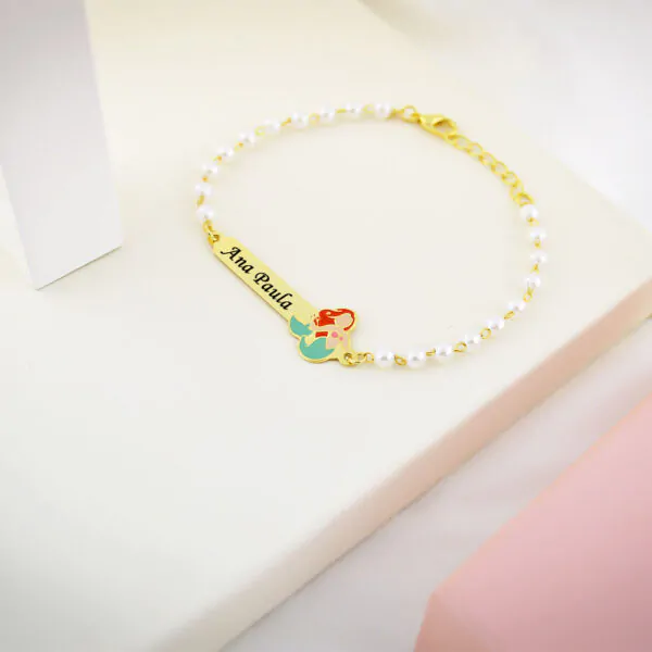Pulseira Infantil de Pérola, Sereia com Resina, Banhado
