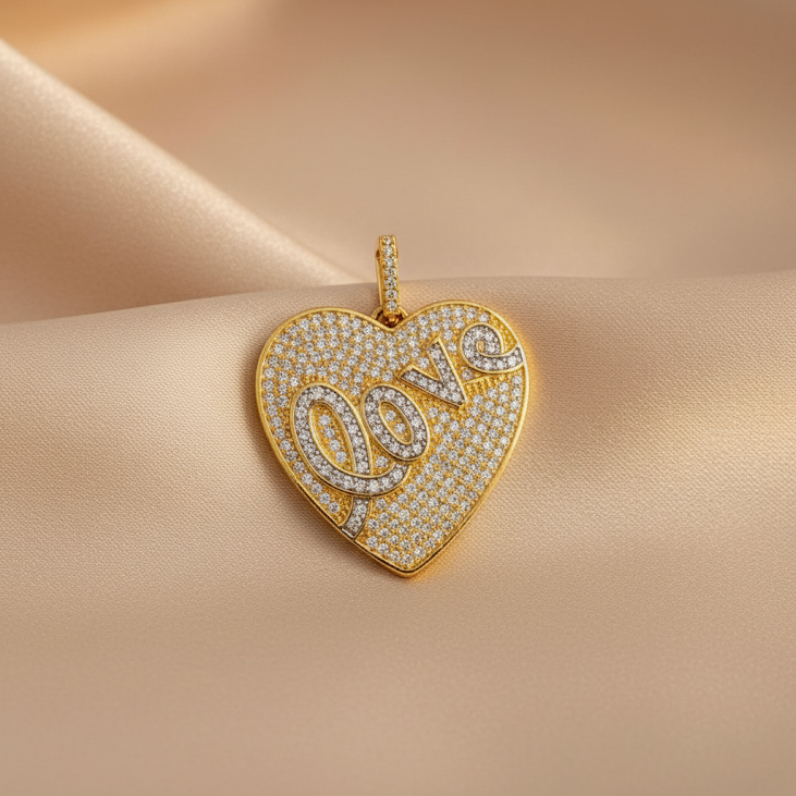 Pingente Coração Love, Cravejado de Zircônia Cristais, Banhado a Ouro
