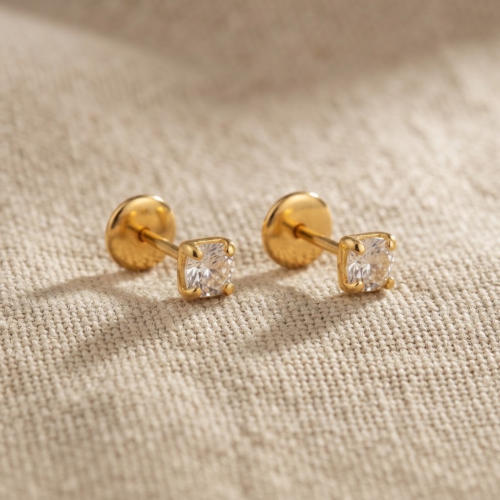 Brinco Ponto de Luz Infantil, Zircônia 3mm, Banhado a Ouro