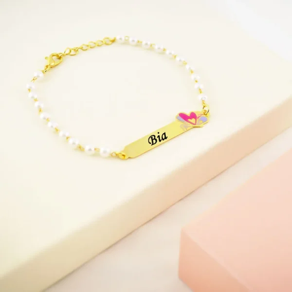 Pulseira Infantil de Pérola, Borboleta com Resina, Banhado