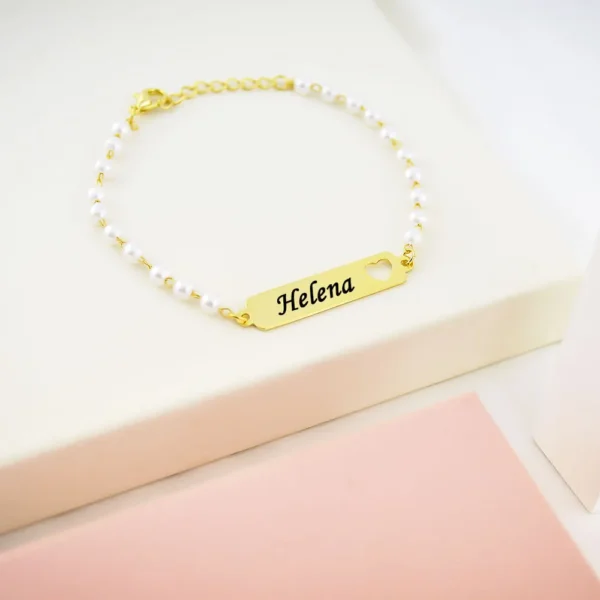 Pulseira Infantil de Pérola, Coração Vazado, Banhado