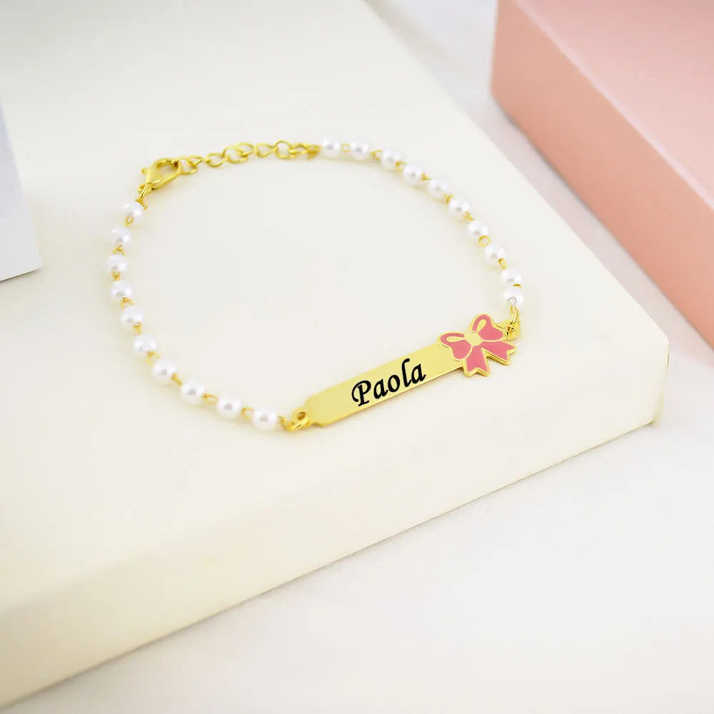 Pulseira Infantil de Pérola, Laço com Resina, Banhado - Imagem 2