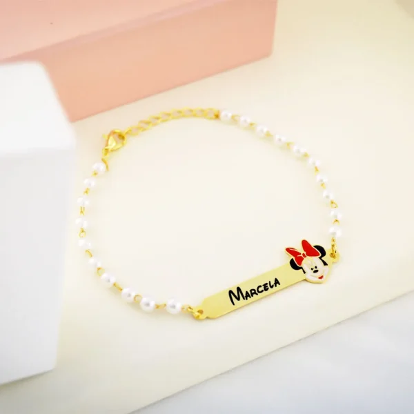 Pulseira Infantil de Pérola, Minnie com Resina, Banhado