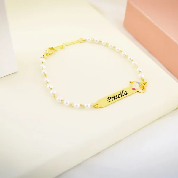 Pulseira Infantil de Pérola, Unicórnio com Resina, Banhado