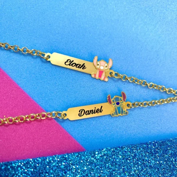 Pulseira Infantil, Stitch com Resina, Banhado a Ouro