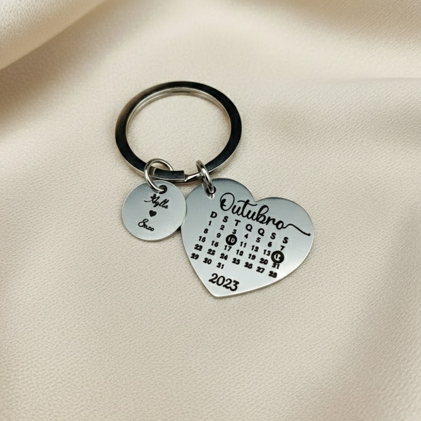 Chaveiro Calendário Coração, Personalizado, Aço Inox