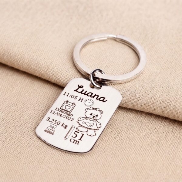 Chaveiro de Inox Placa,  Gravado Dados de Nascimento do Bebê
