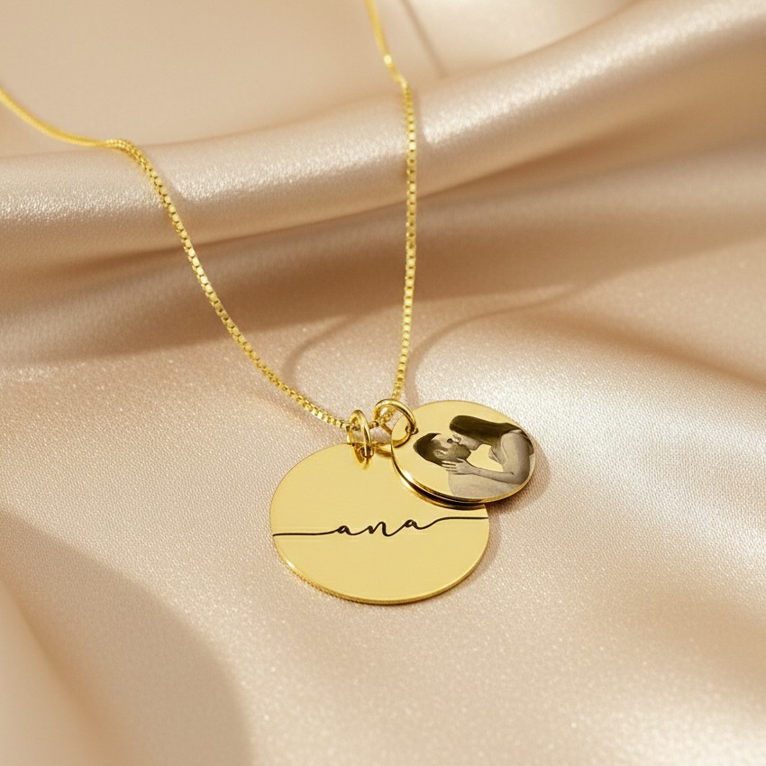Colar Redondo Duplo, Personalizado com Nome e Foto, Banhado a ouro