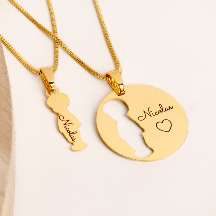 Kit 2 Colares Medalha Mãe e Filho Menino com Nome, Banhado - Imagem 3