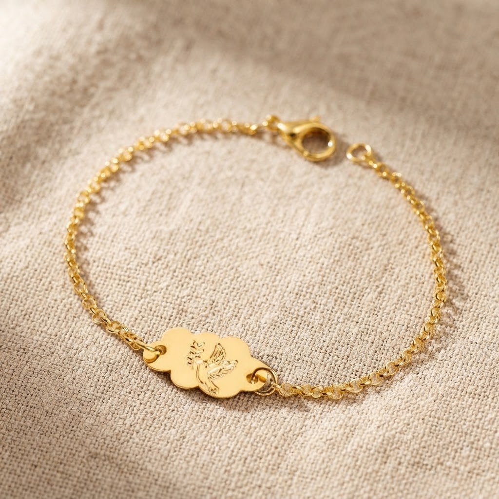 Pulseira Infantil Bebê, Nuvem, Pomba Espírito Santo, Banhado