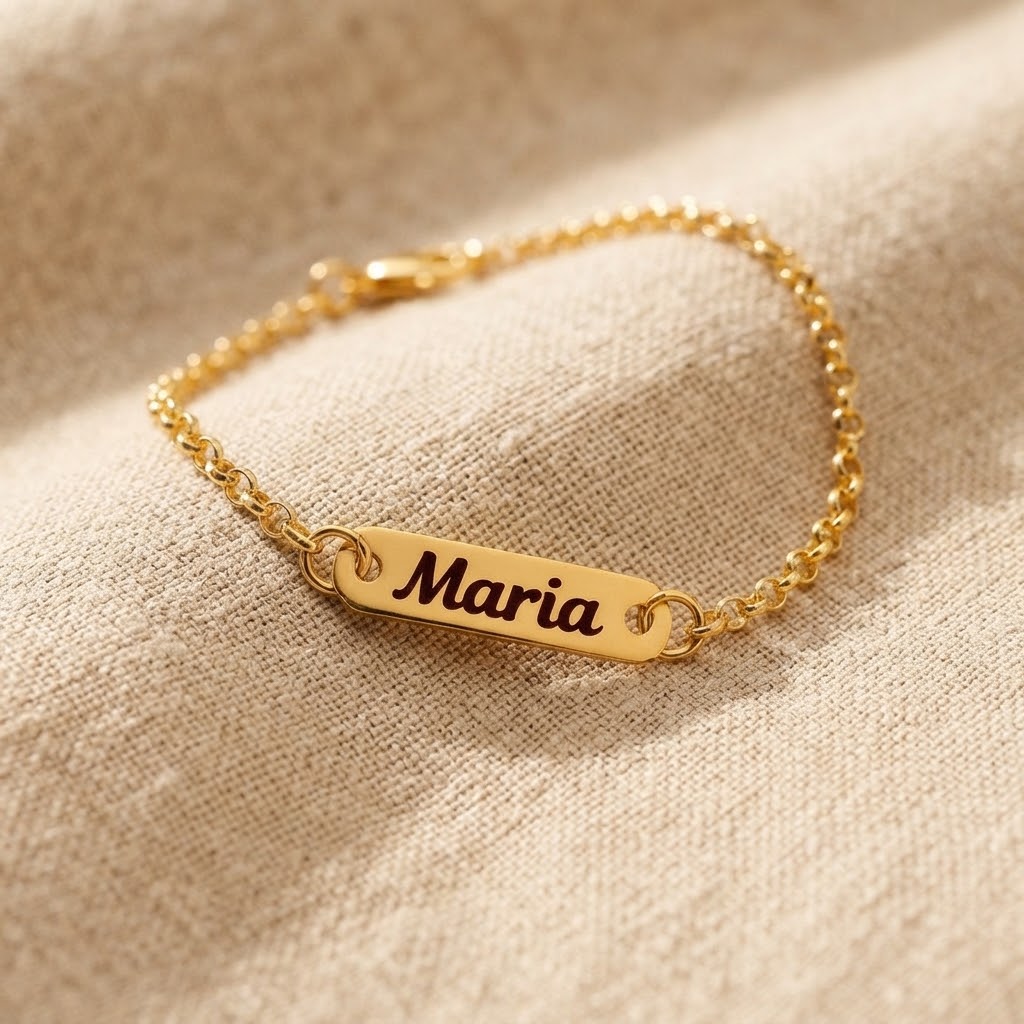 Pulseira Infantil Bebê, Plaquinha de Nome Gravado, Banhado